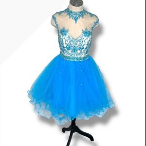 Mori Lee by Madeline Gardner Blue White Beaded Tulle Party Cocktail Dress